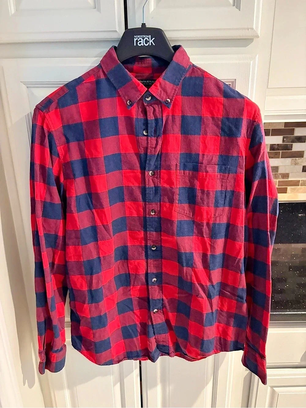 Banana Republic Grant Fit Men's Plaid Button Down Red & Blue Large Like New